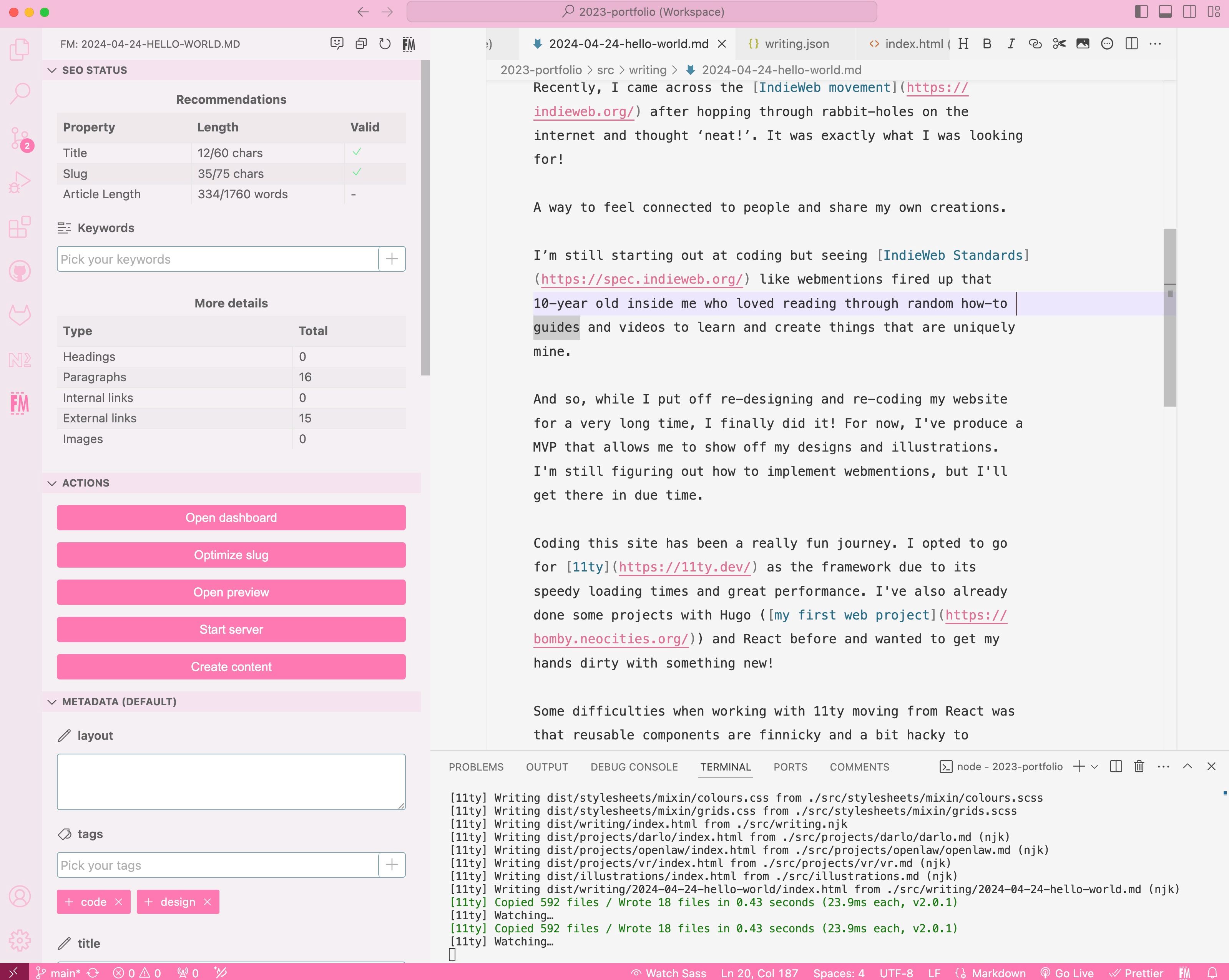 Screenshot of my very pink VSCode setup with the Frontmatter CMS plugin.