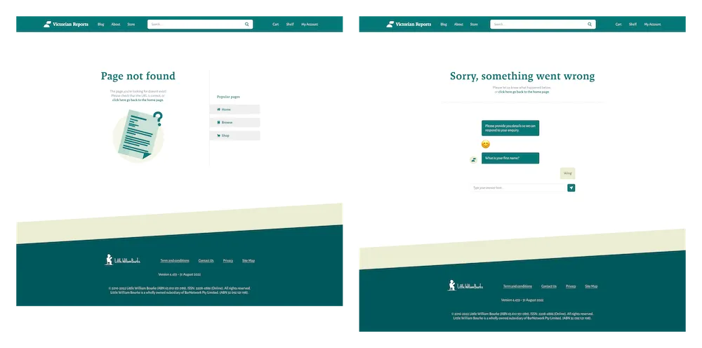 Screenshot of redesigned error pages, with a Typeform styled to be like a chatbot
