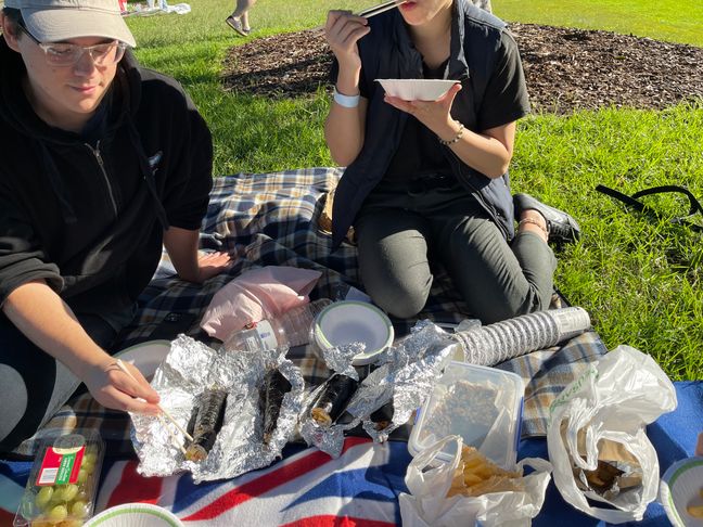 Photo of a variety of food on a picnic blanket