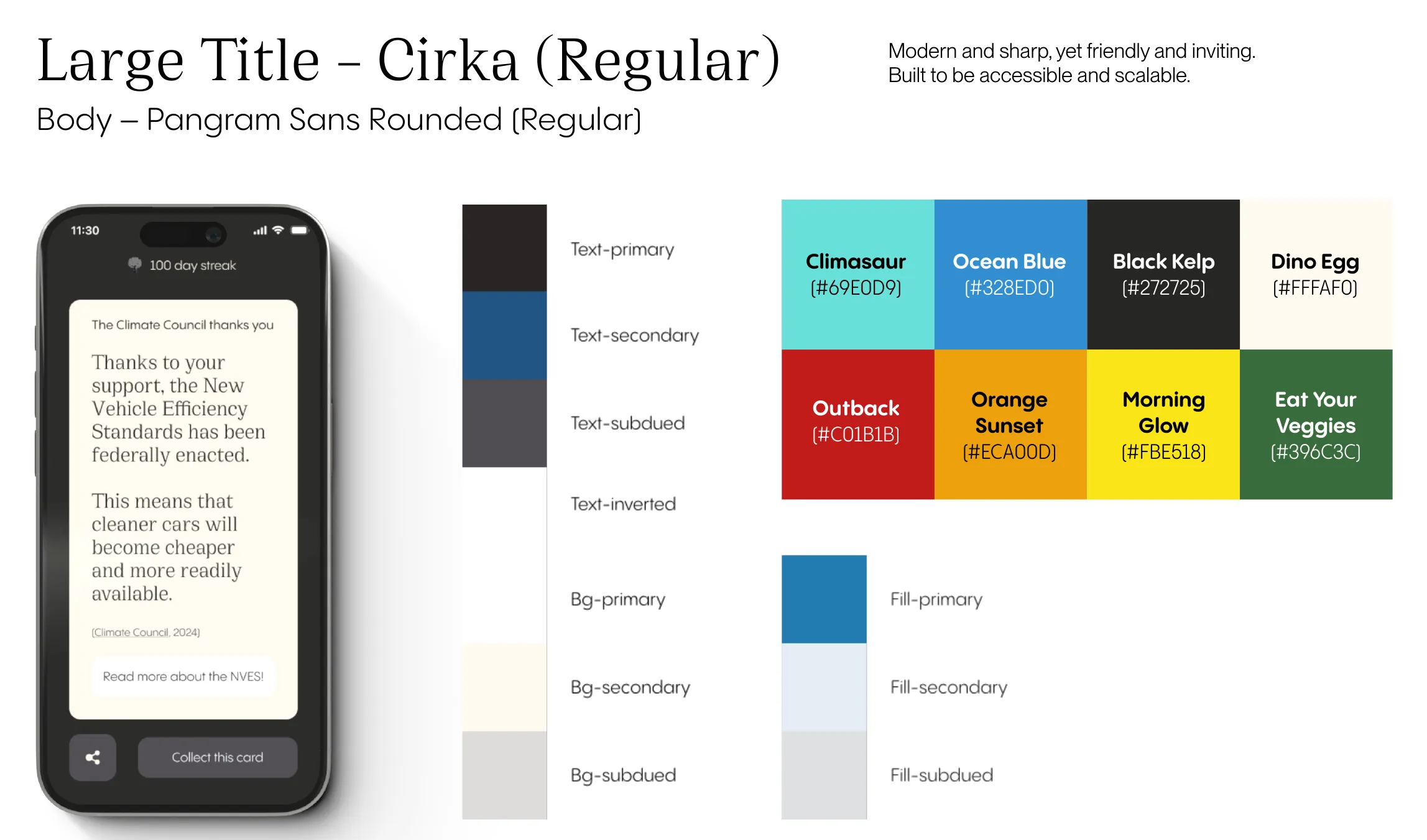 Climasaur's type and colour system: semantic text, background and fill tokens alongside the named palette.