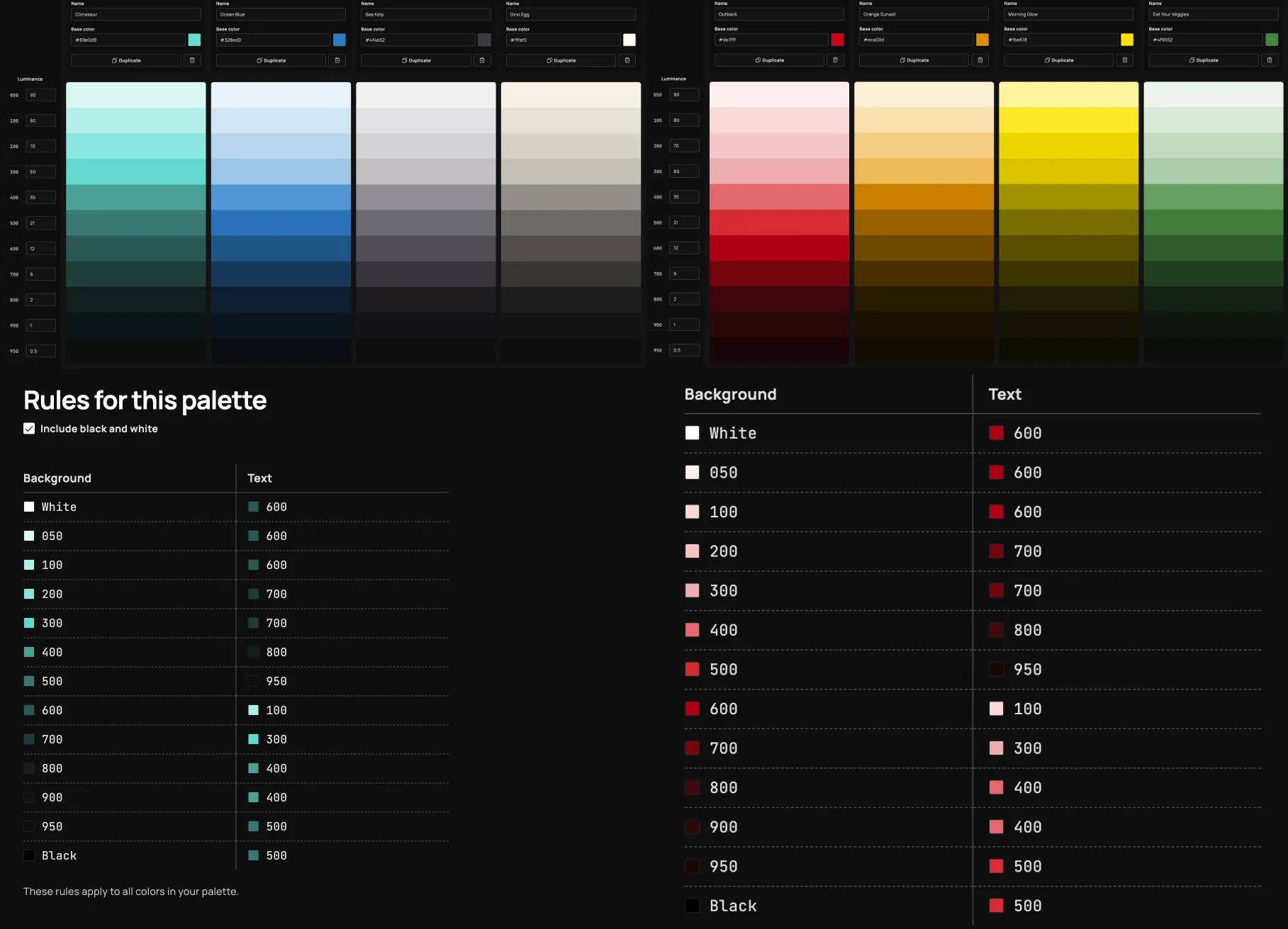 The palette expanded into luminance scales, with a table pairing each background step with an accessible text step.